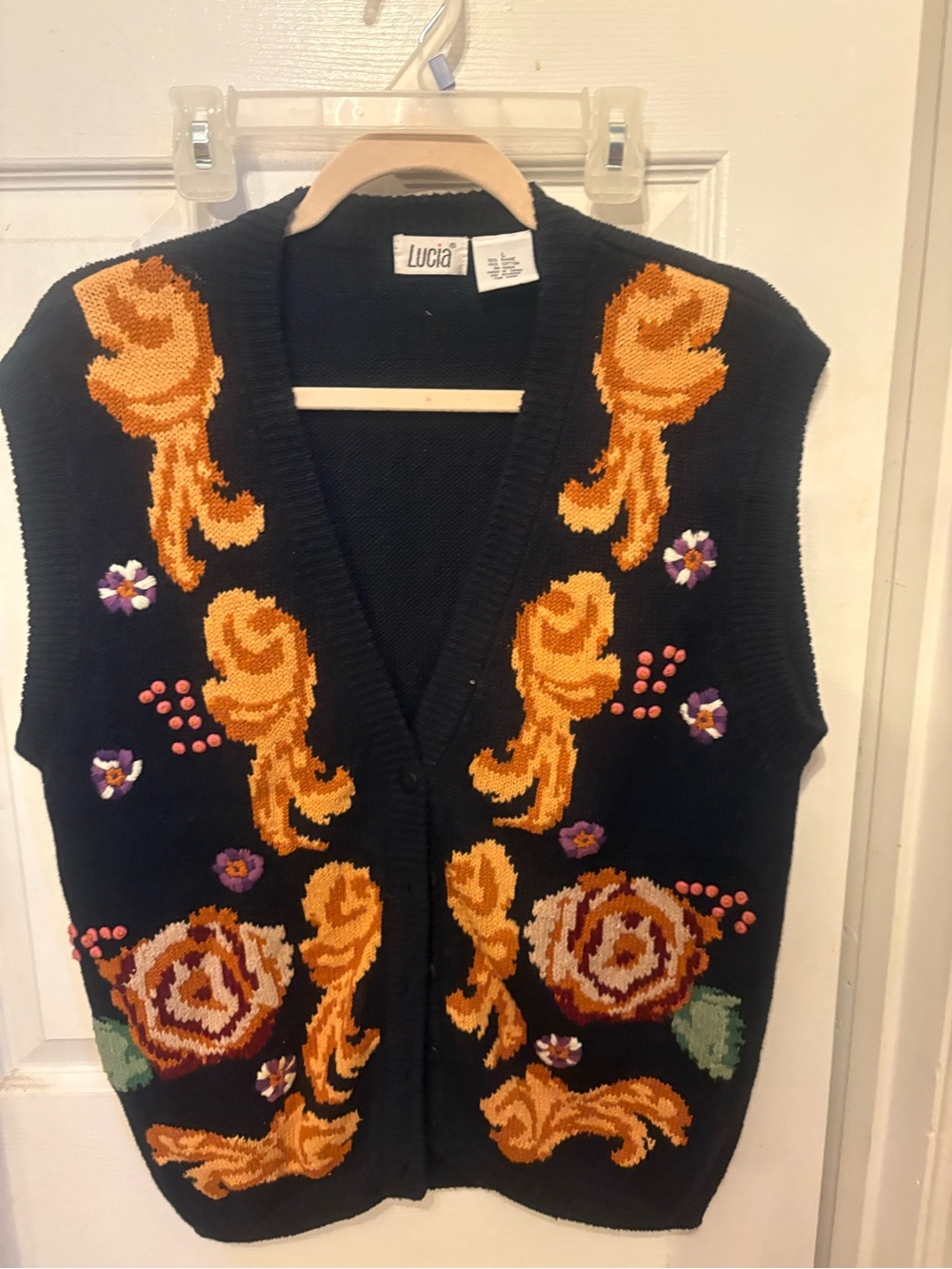 Lucia Black Floral Knit Vest with Gold Embroidery
